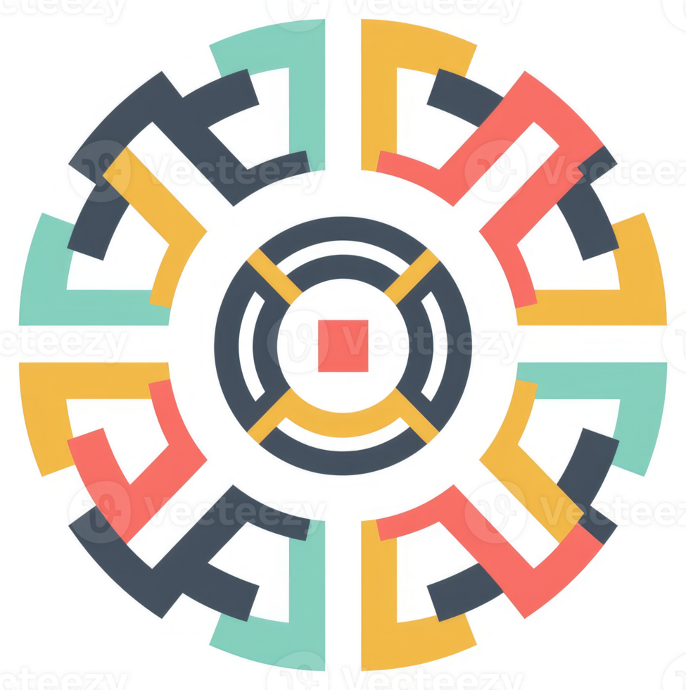 A vibrant circular design featuring interlocking geometric shapes and colorful sections. png