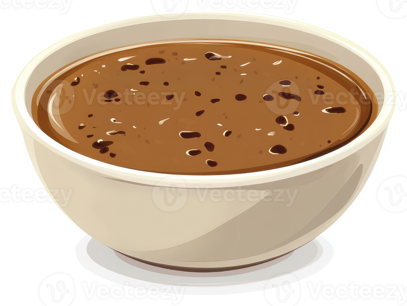 A bowl of rich, brown sauce with speckled flecks. png