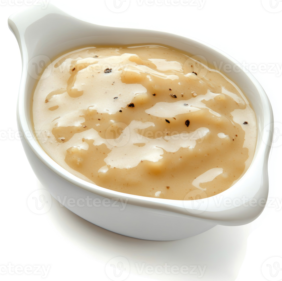 Creamy, savory gravy in a white bowl. png