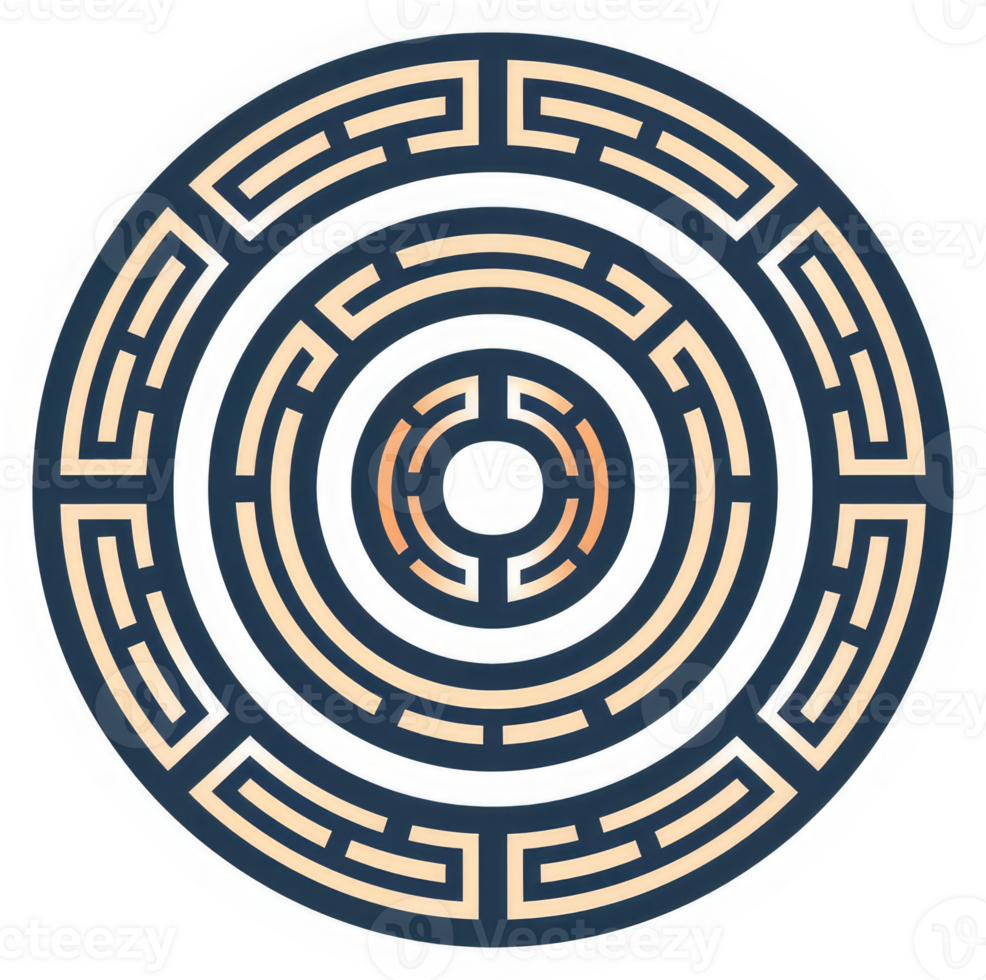 A circular, intricate maze pattern design with concentric circles. png