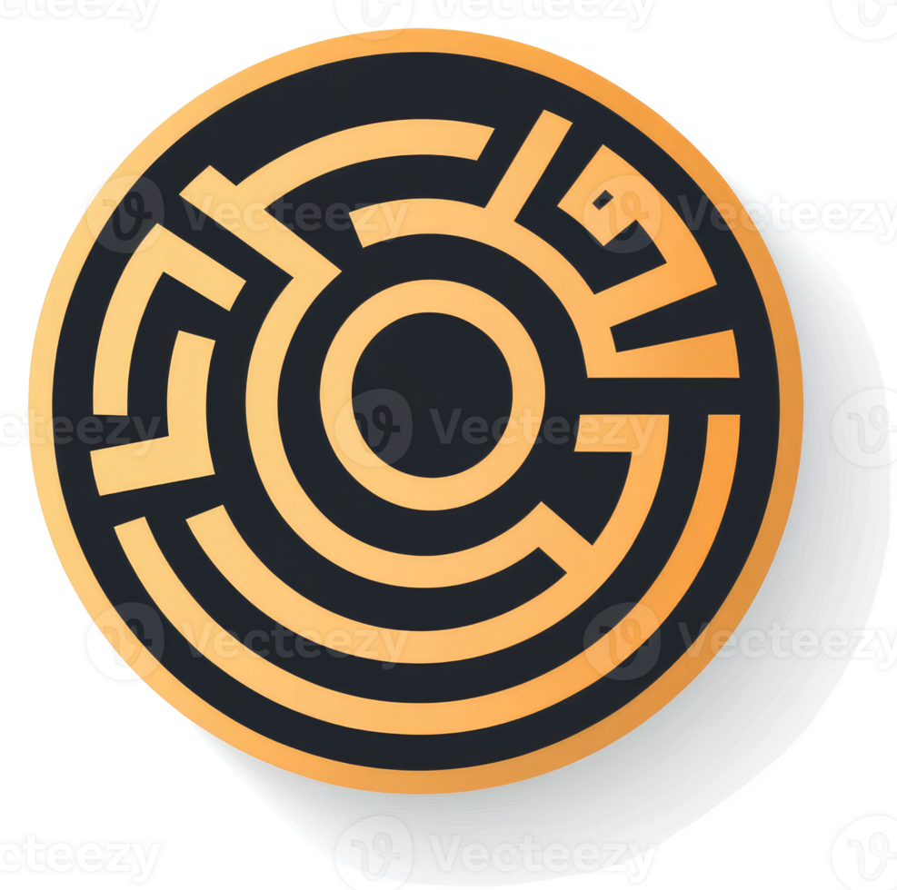 A circular maze design in a golden color scheme. png