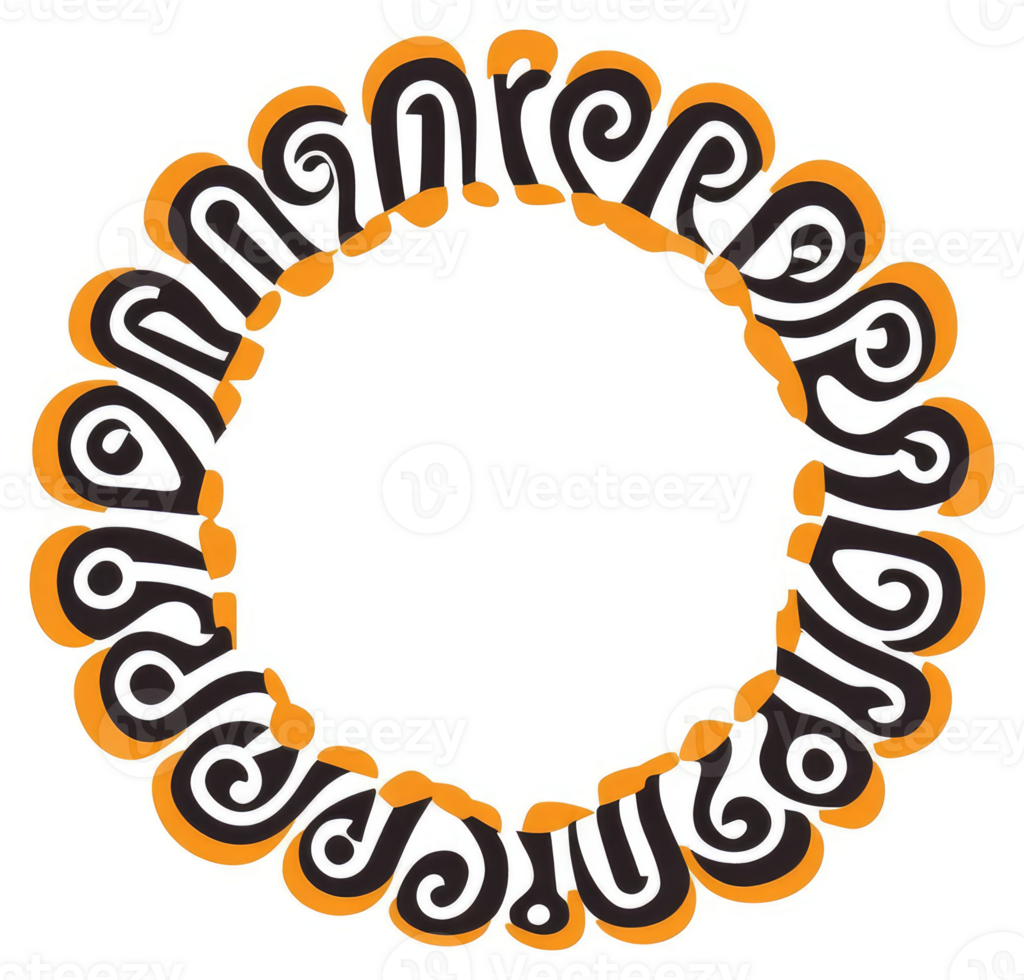 A decorative circular design with repeating organic patterns in black and orange. png