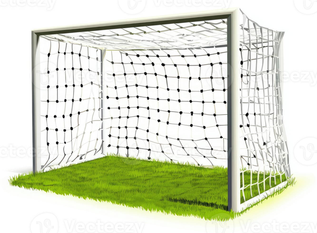 A soccer goal with a torn net on a grassy field. png