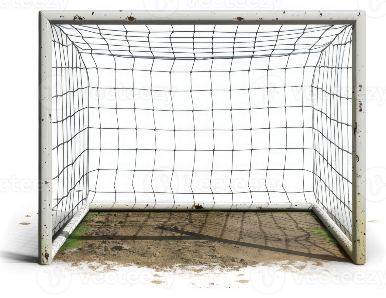 An empty, weathered soccer goal on a dirt field. png