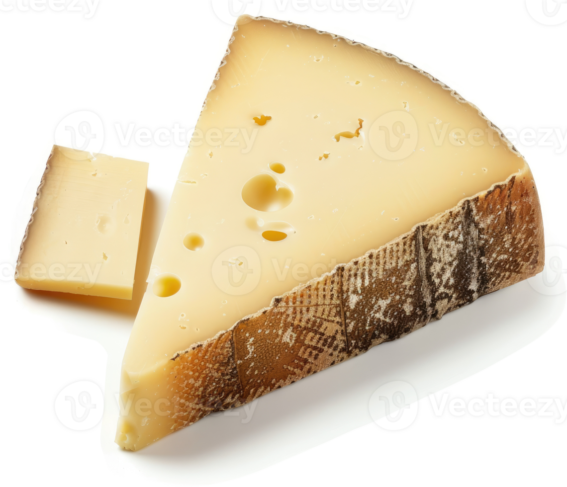 A triangular wedge of aged swiss cheese, showcasing its texture and rind. png