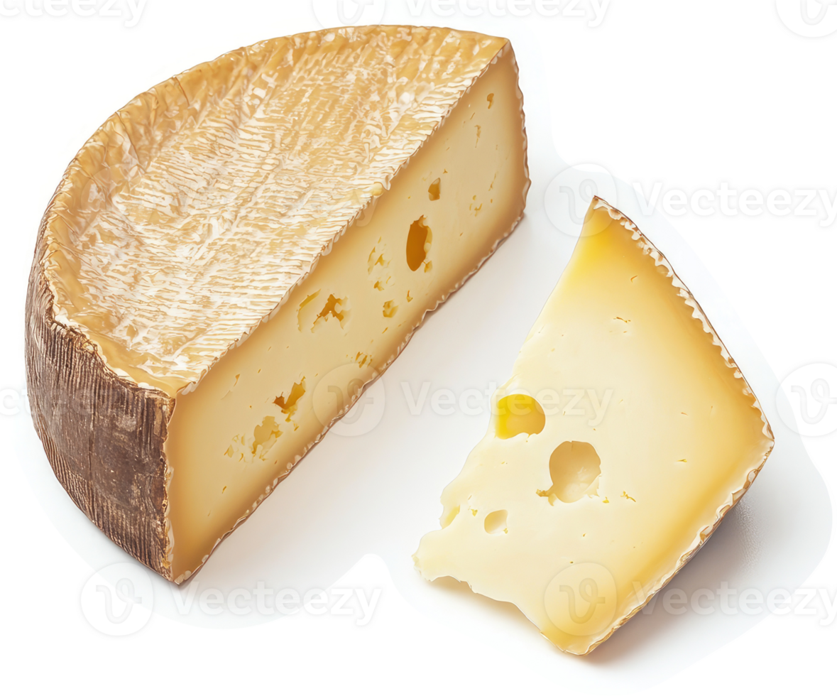 A wedge and slice of a hard cheese with a rind. png