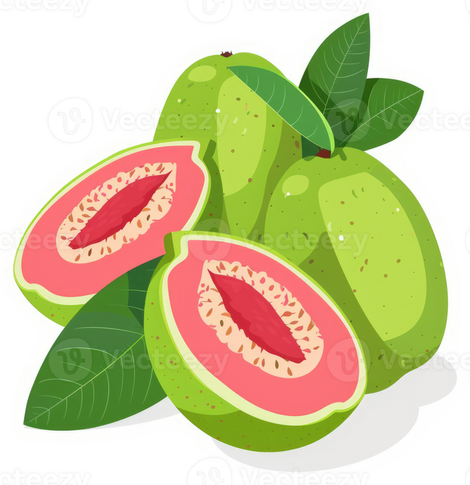 Fresh guava fruit slices with leaves. png