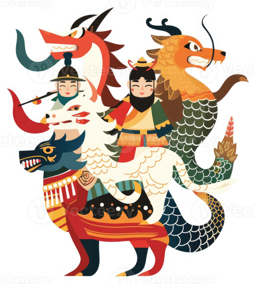 A vibrant illustration of mythical creatures in a colorful asian style. png
