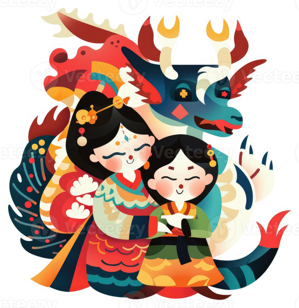 Two women embraced by a colorful dragon, a vibrant illustration of harmony and tradition. png