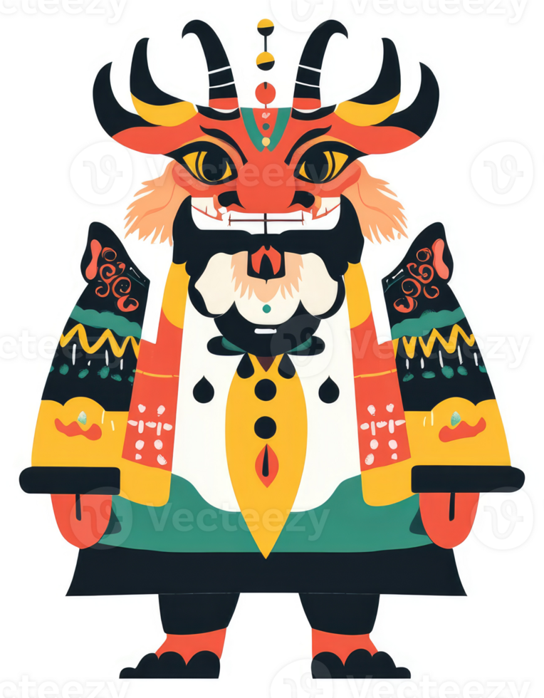 A stylized, colorful depiction of a mythical chinese lion guardian figure. png