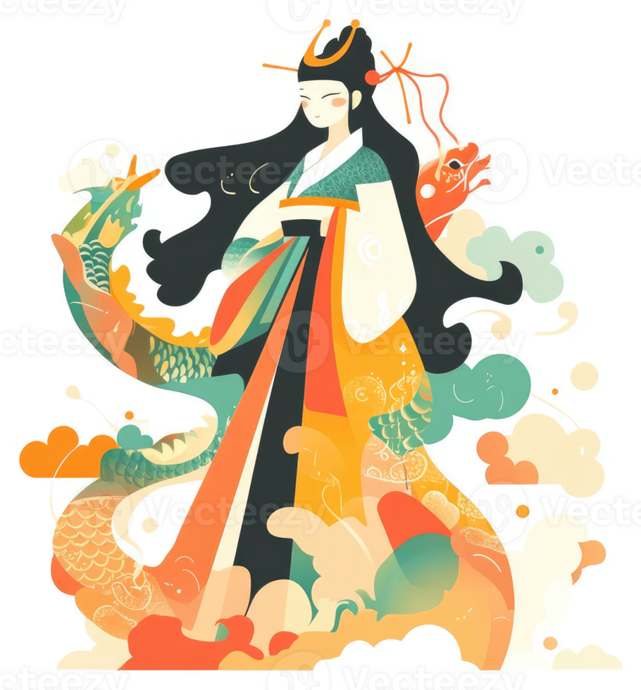 A vibrant illustration of a mythical woman in traditional attire, surrounded by swirling dragons and clouds. png
