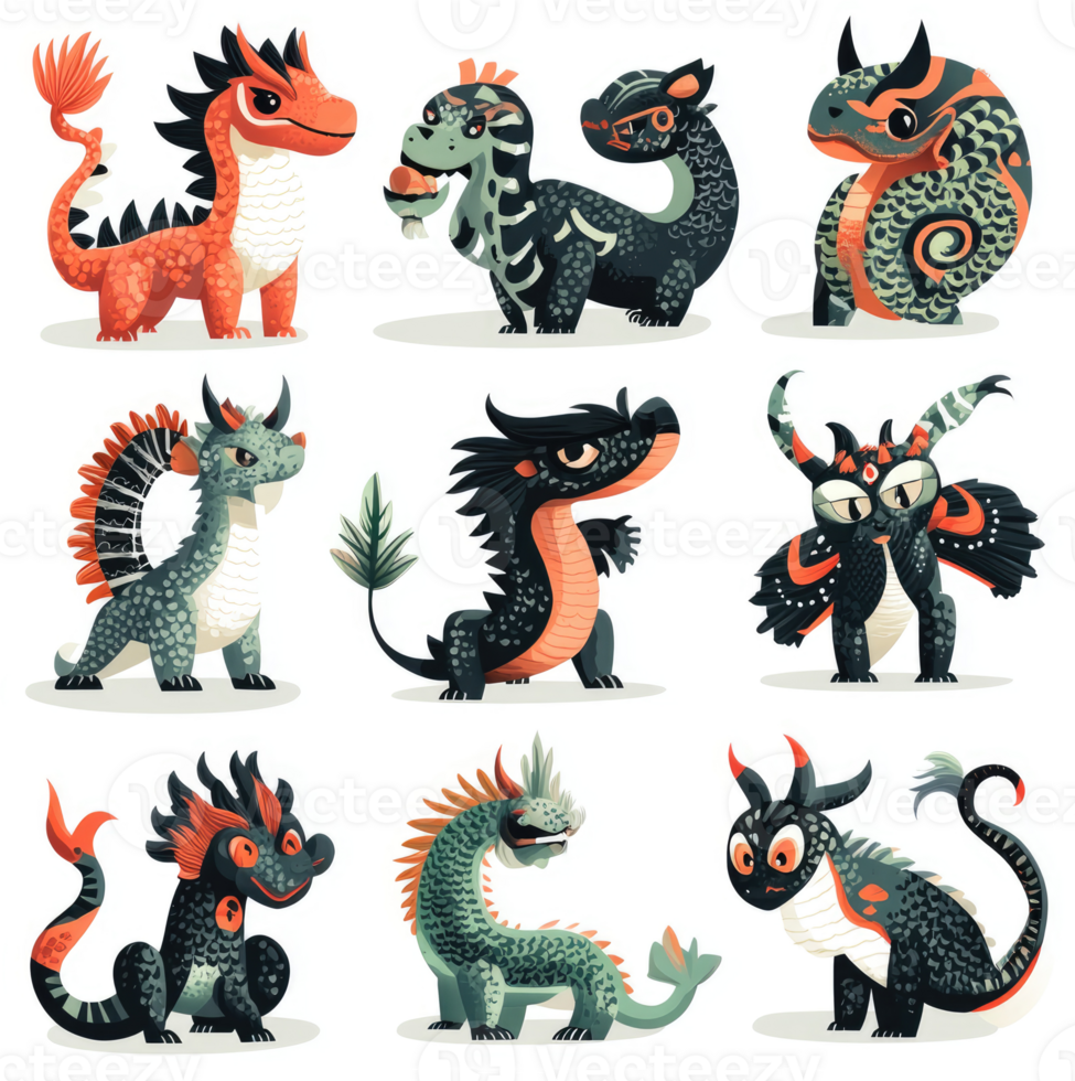 Nine colorful and stylized dragon creatures. png