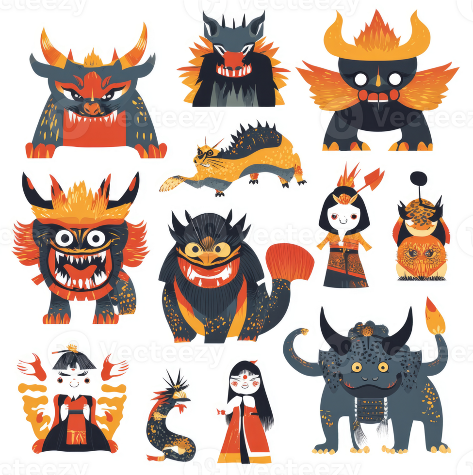 A collection of fantastical creatures, likely inspired by Japanese mythology. png