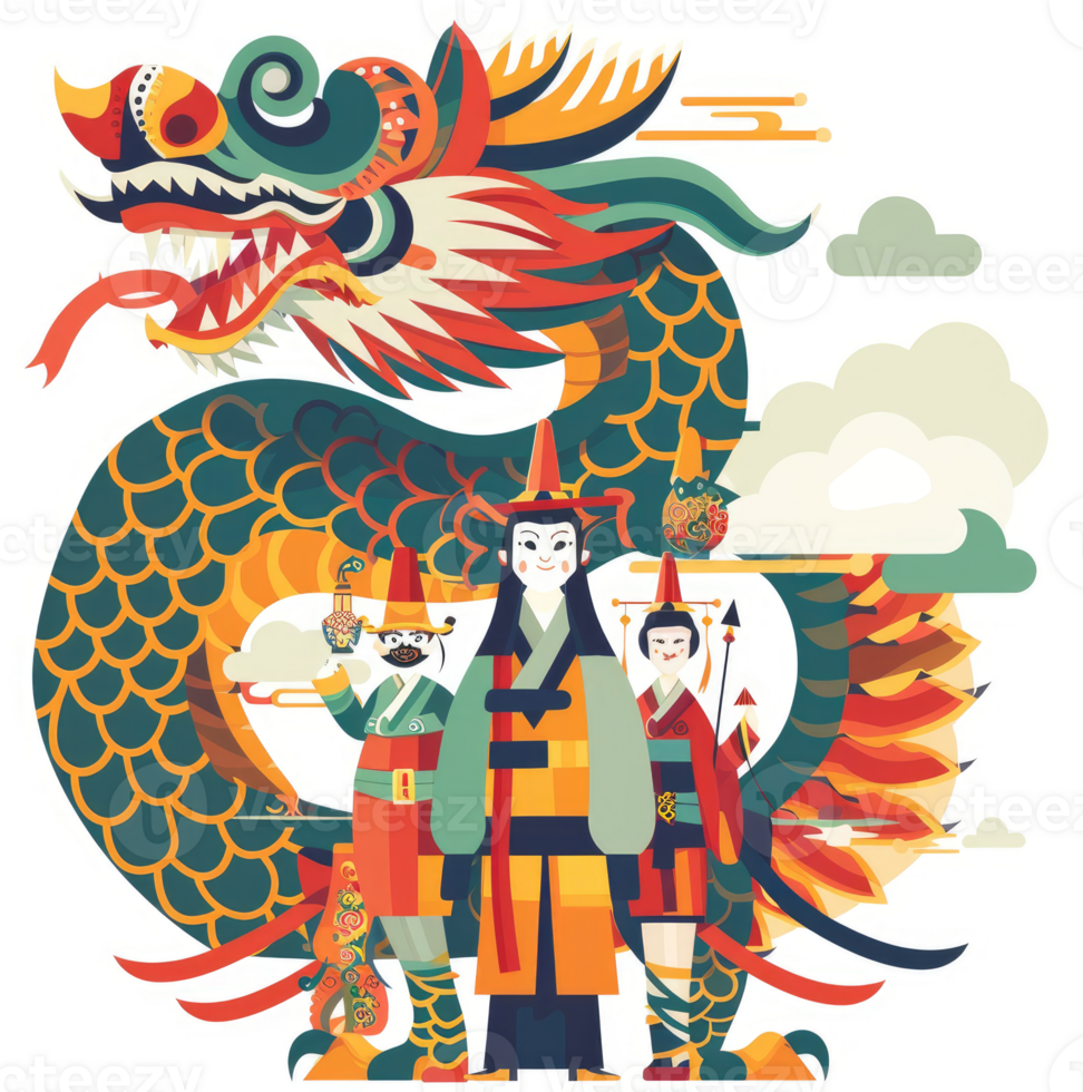 A vibrant illustration of a dragon and figures in traditional attire. png