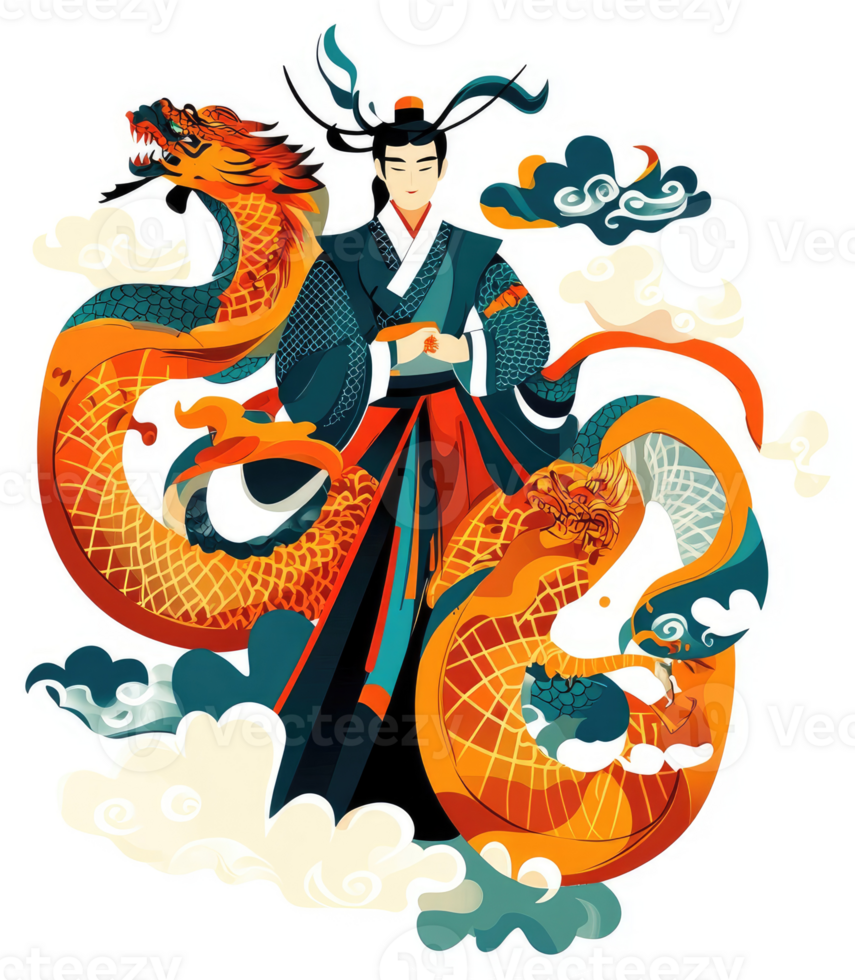A stylized illustration of a mythical asian figure with a dragon. png