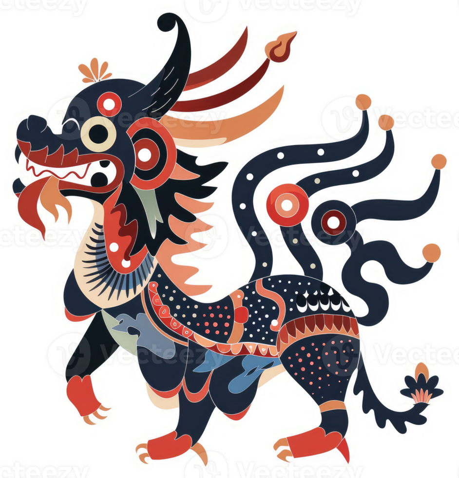 A vibrant, stylized illustration of a mythical creature, possibly a Chinese dragon, adorned with intricate patterns. png
