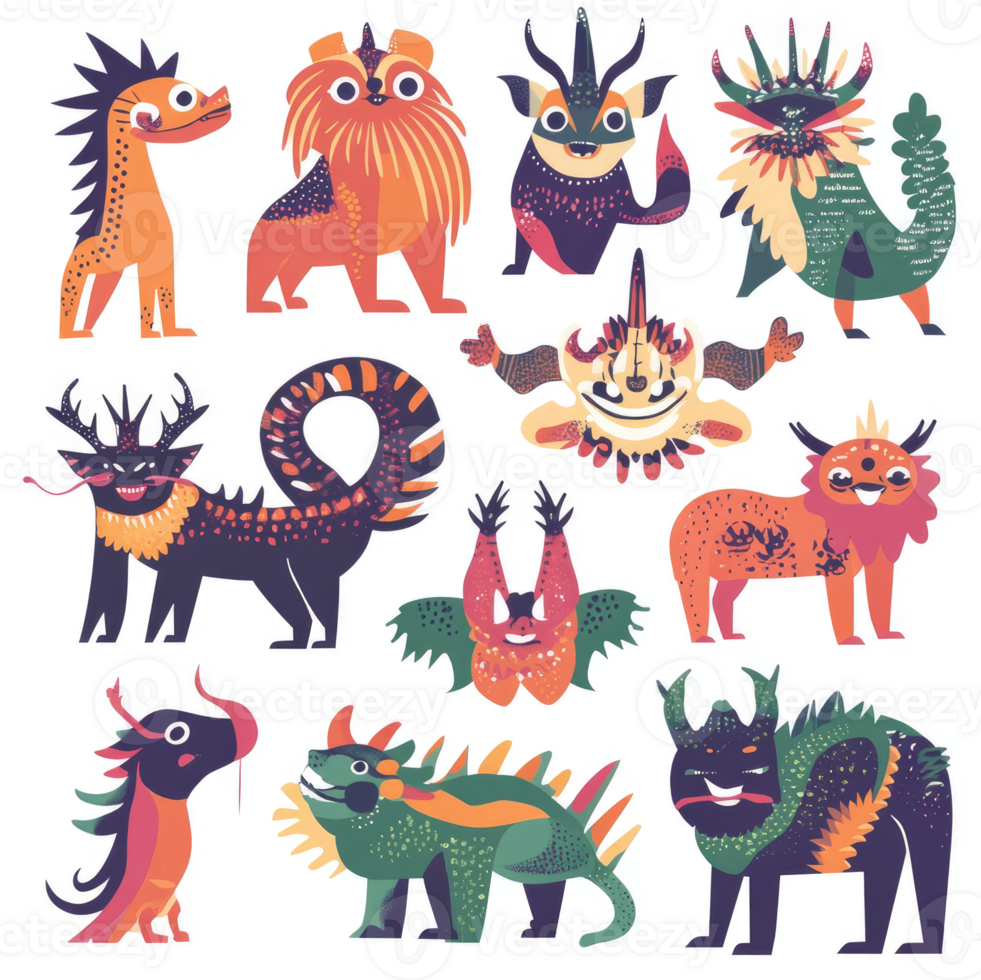 A collection of whimsical and fantastical creatures. png