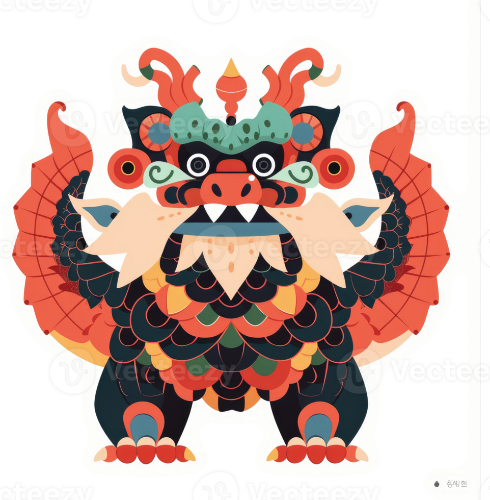 A vibrant, stylized chinese guardian lion, or foo dog, design. png