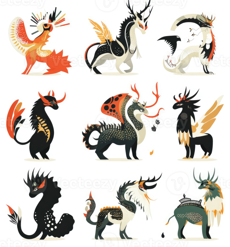 Nine fantastical creatures with intricate designs and unique features. png