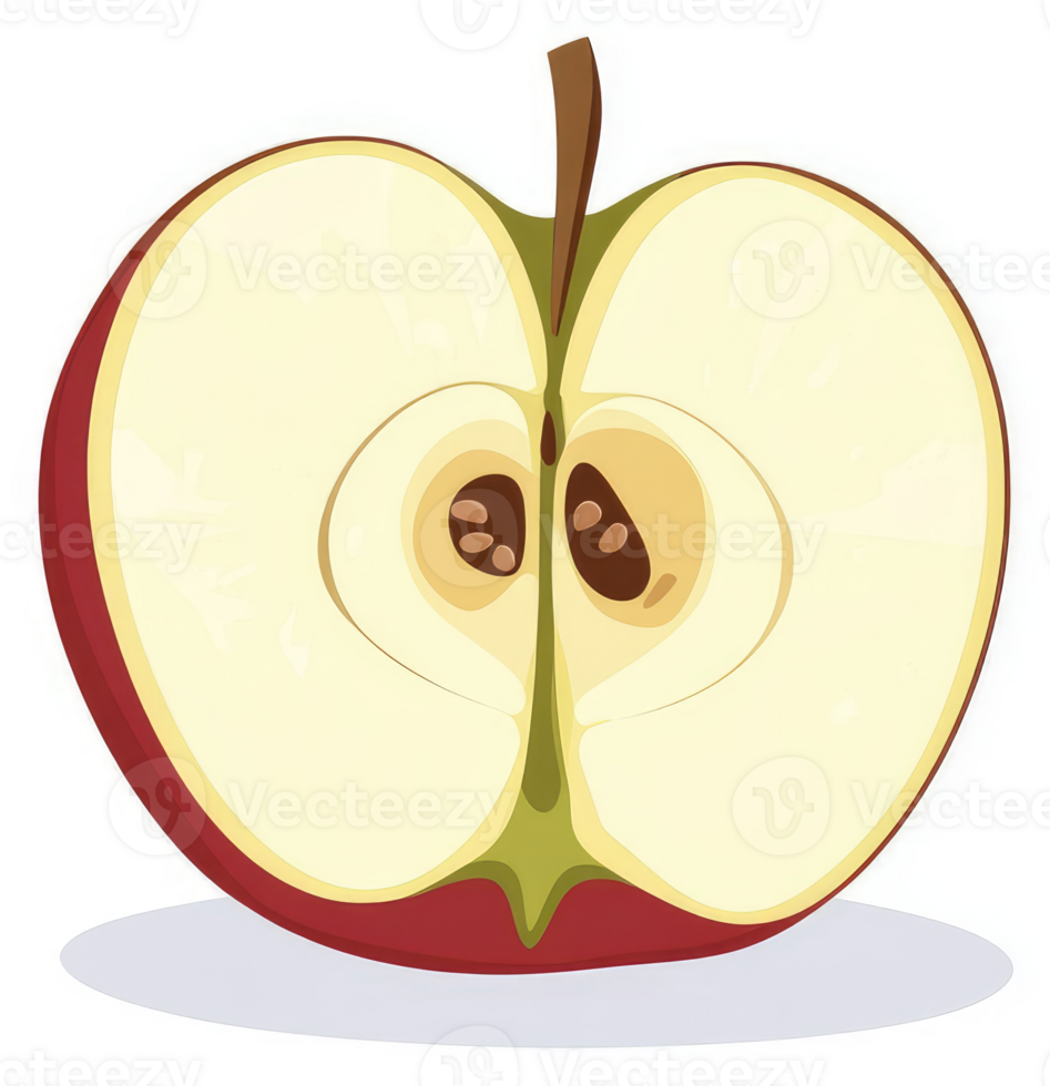 A vibrant red apple cut in half, showcasing the core and seeds. png