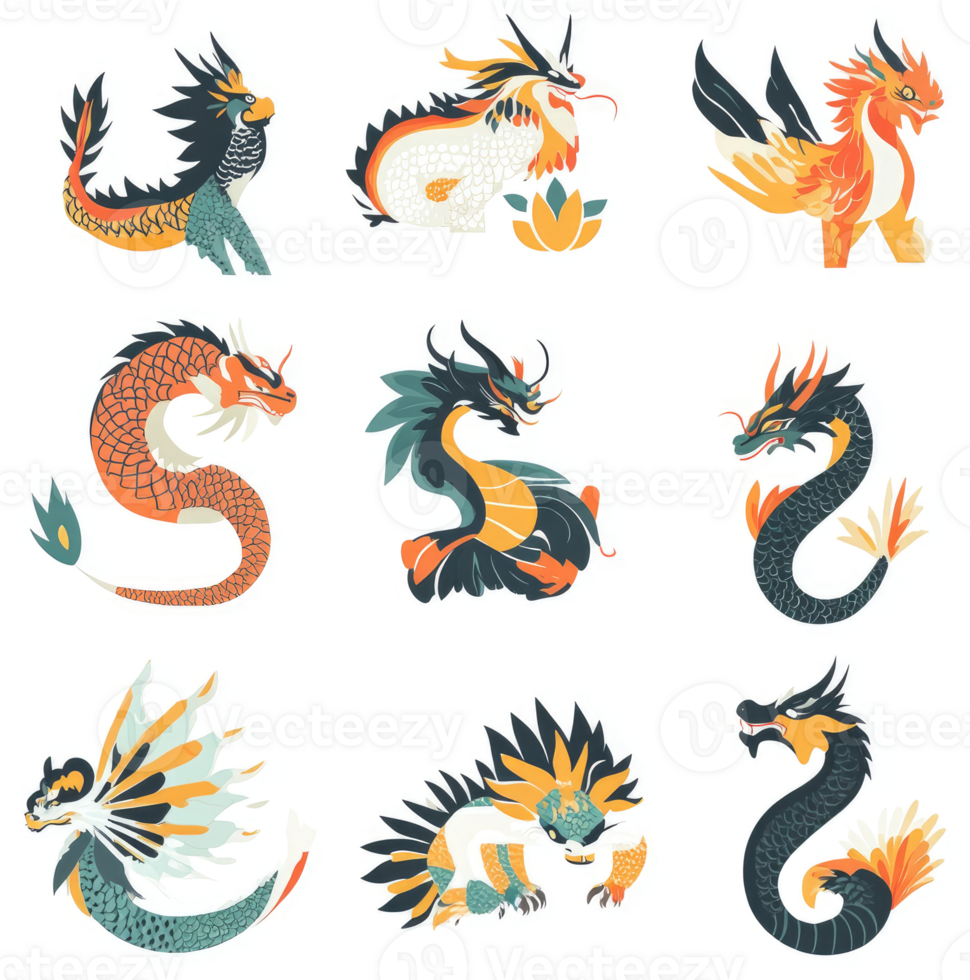 Nine colorful stylized dragons in a grid pattern. png