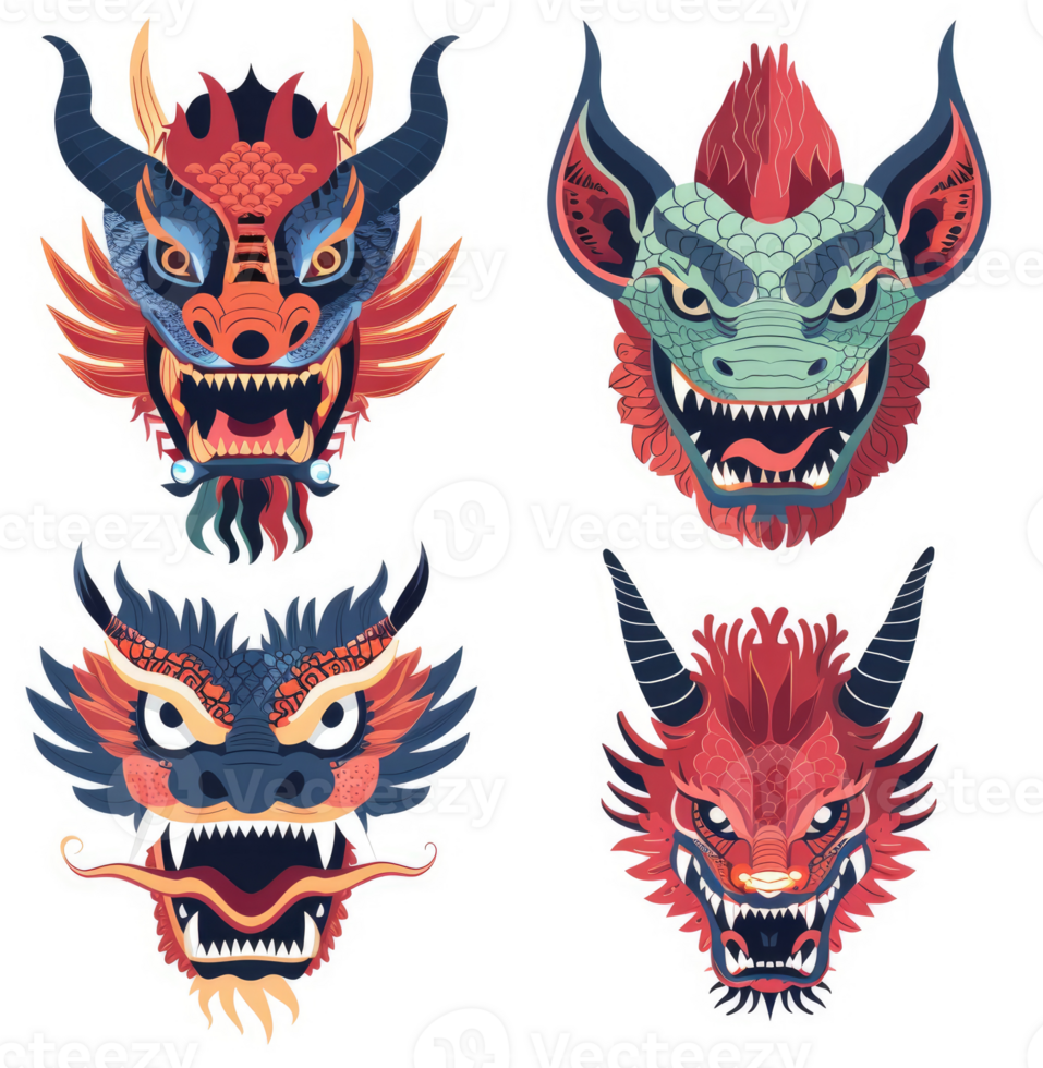 Four stylized dragon heads in vibrant colors. 60764499 PNG