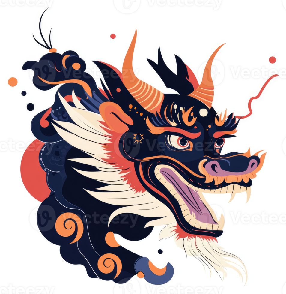 A stylized illustration of a fierce, mythical dragon head. png
