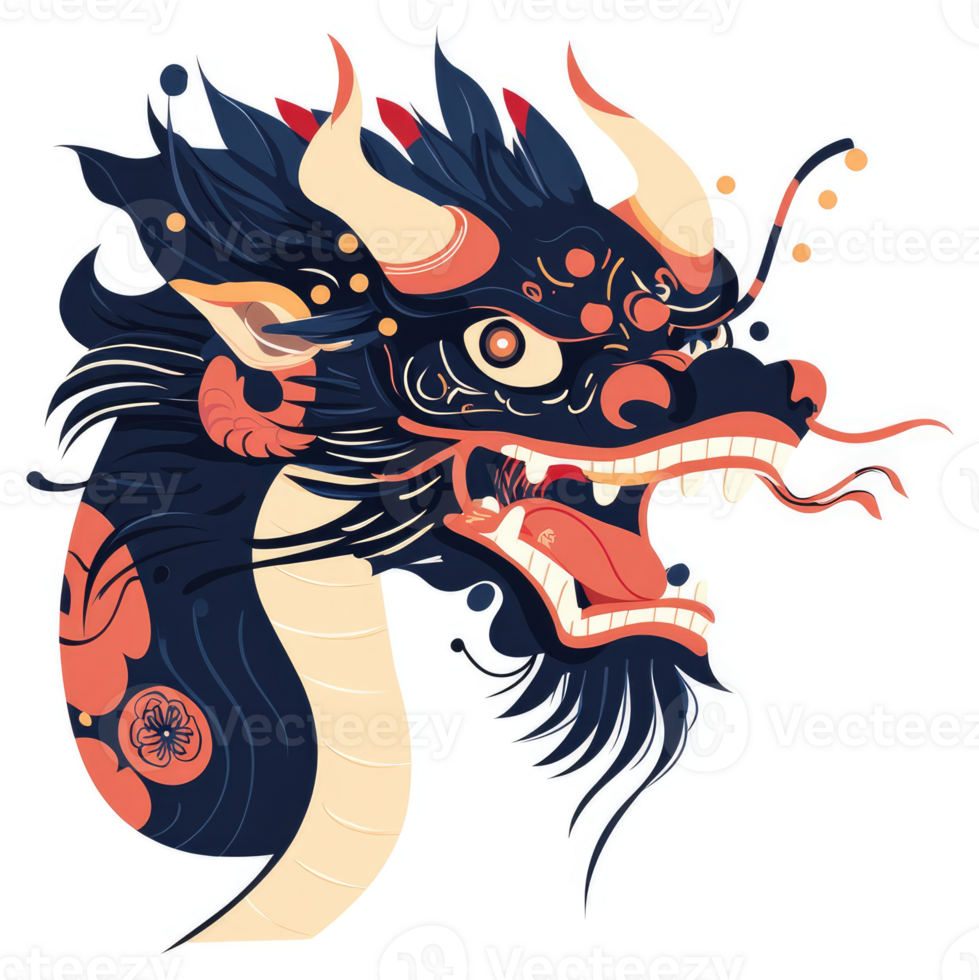 An ornate illustration of a powerful dragon head. png
