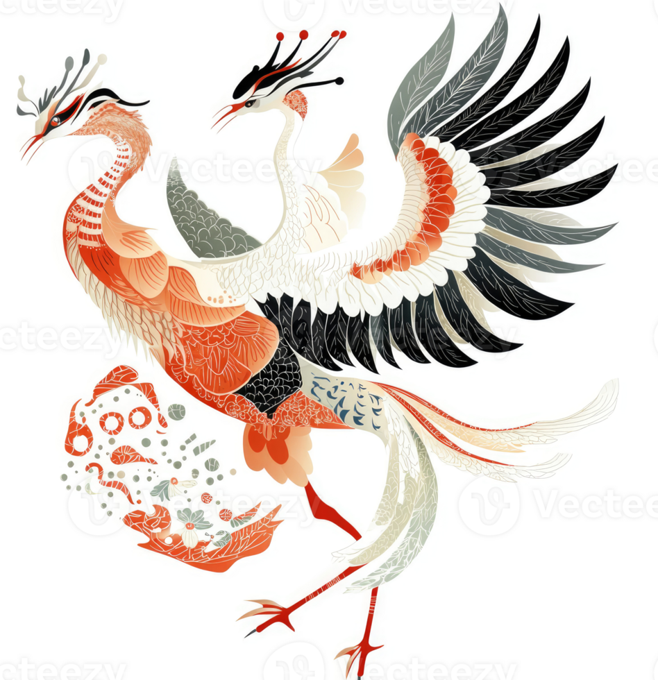 A stylized illustration of a mythical phoenix-crane hybrid, showcasing intricate patterns and vibrant colors. png
