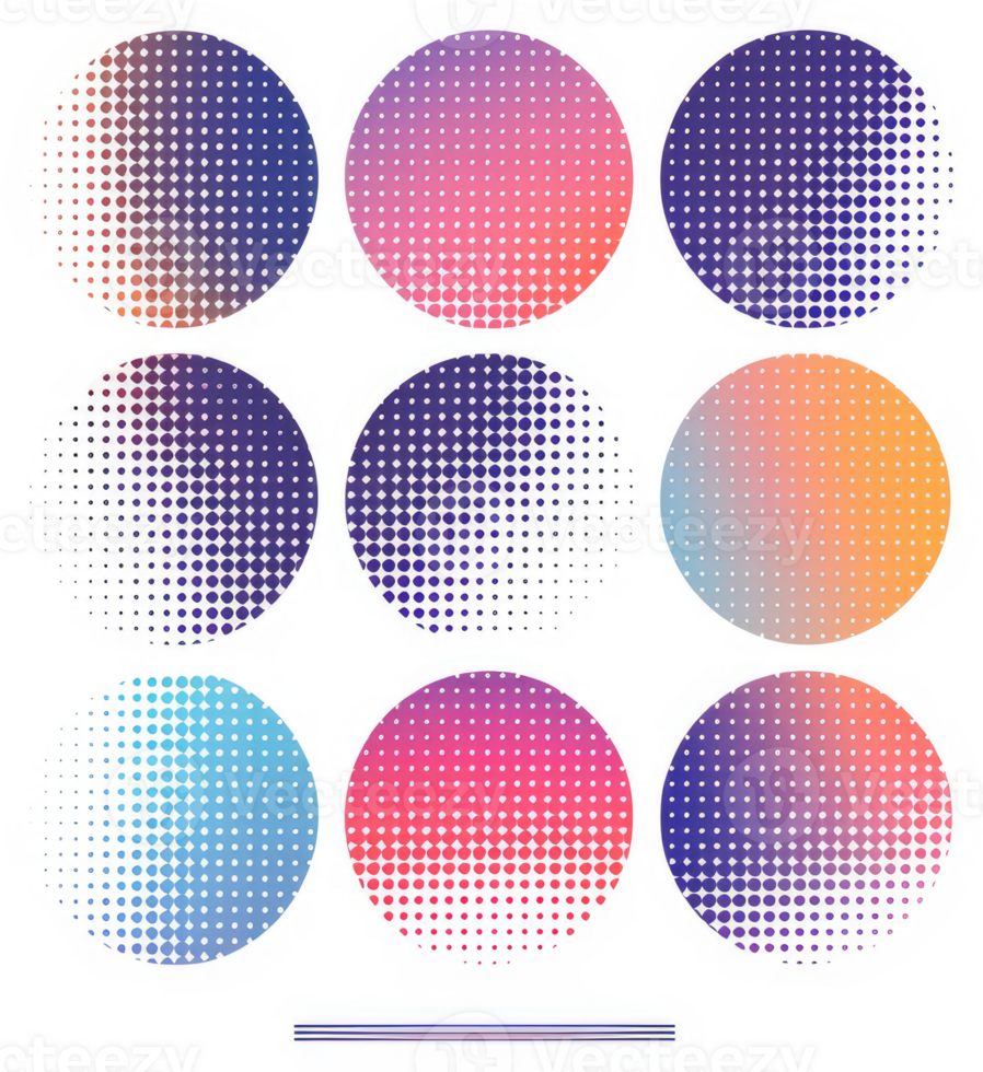 A collection of gradient halftone circles in vibrant colors. png