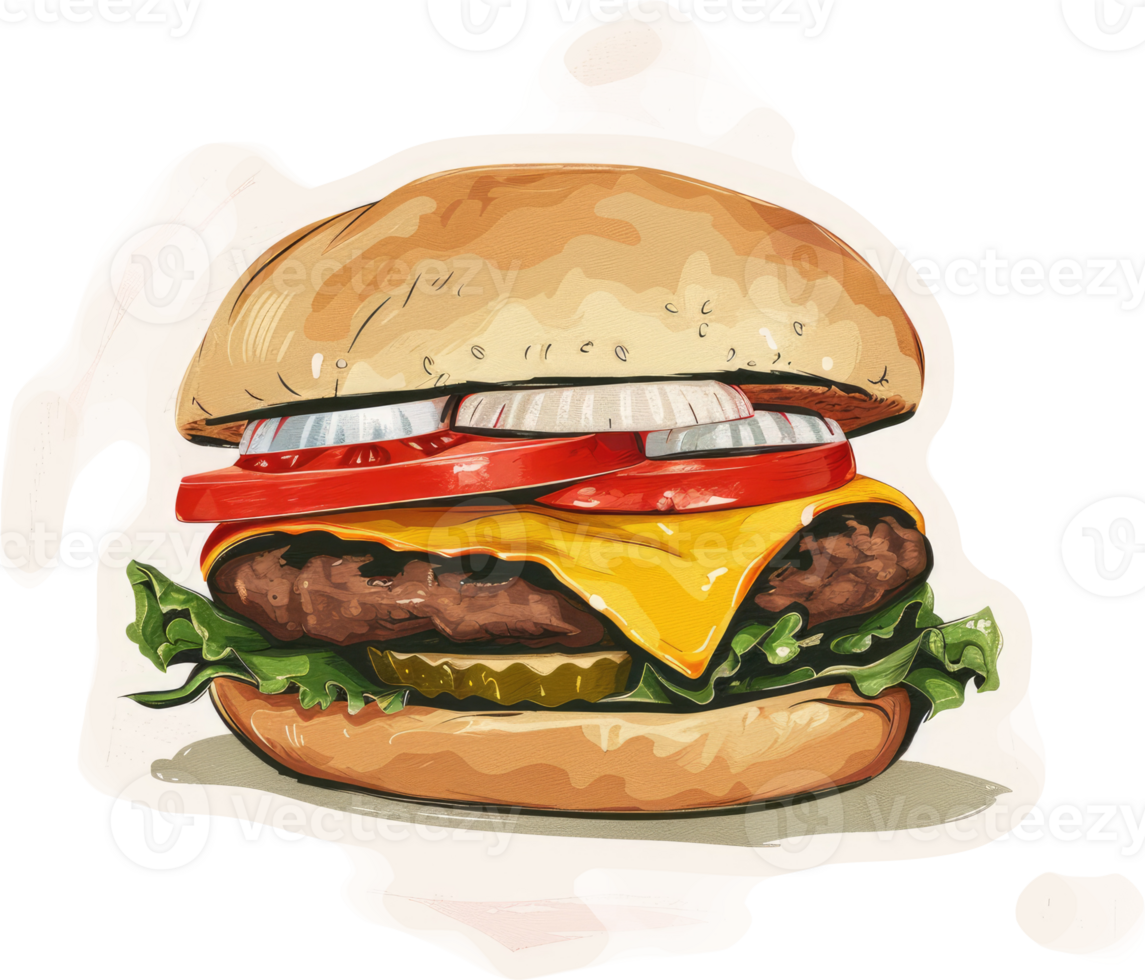 A colorful illustration of a juicy cheeseburger. png