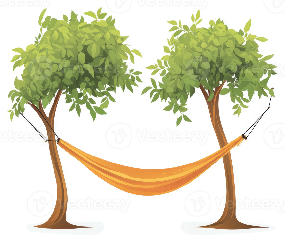 Two trees with a hammock between them on a sunny day. png