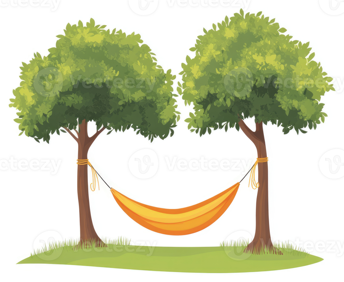 A vibrant orange hammock strung between two lush green trees in a grassy field. png