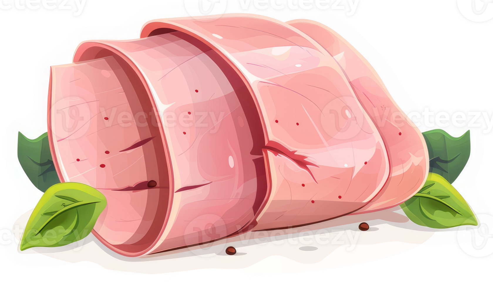 Rolled slices of pink cured meat with fresh herbs. png