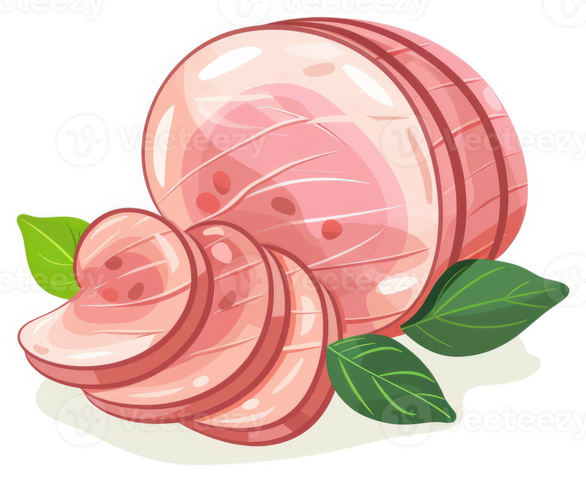 Sliced ham with fresh basil leaves. png