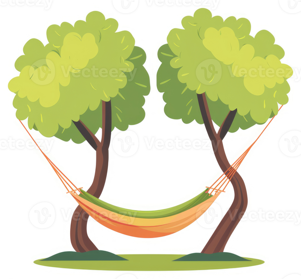 A hammock suspended between two lush green trees. png