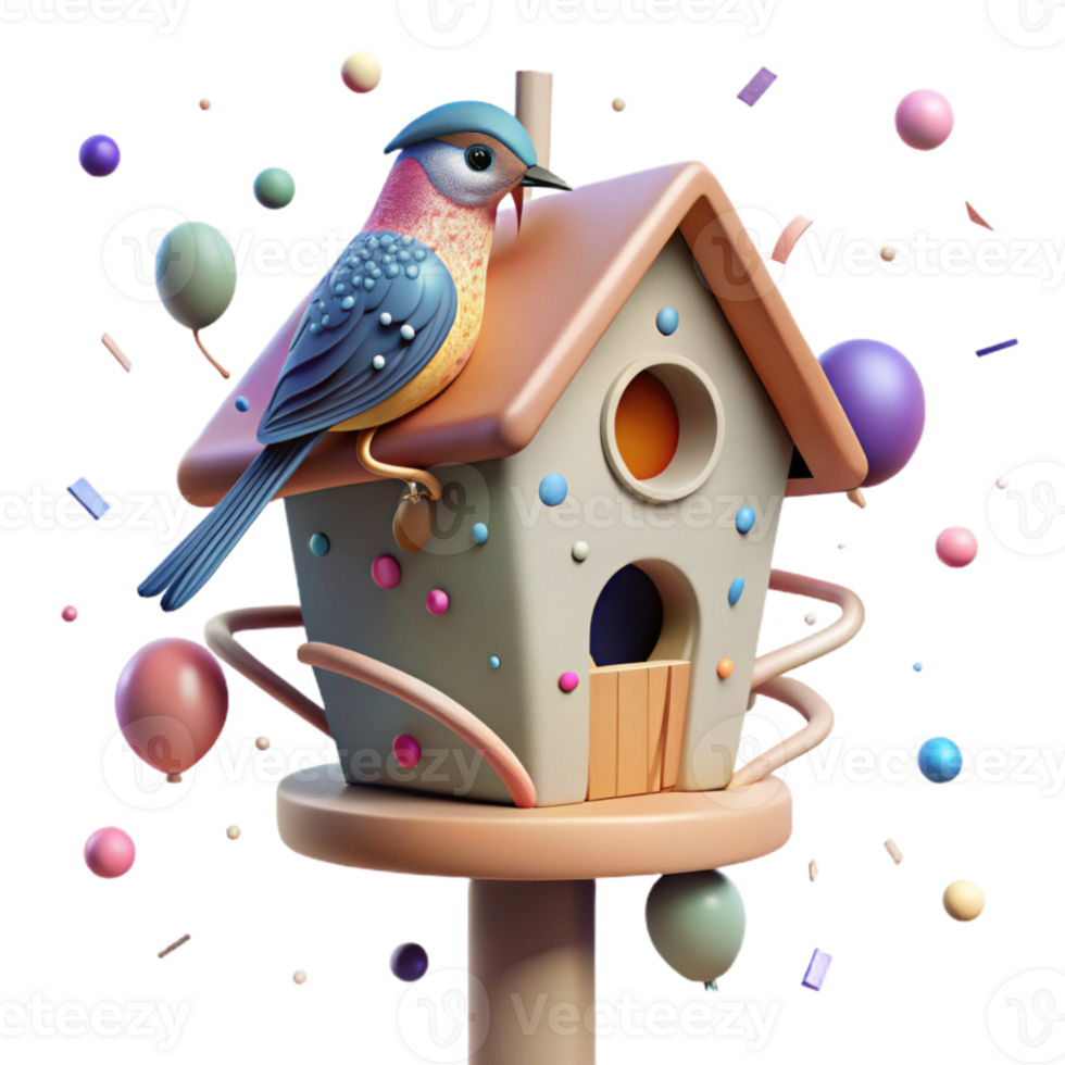 serene creative Birdhouse on Pole with Bird Perched Isolated high resolution png