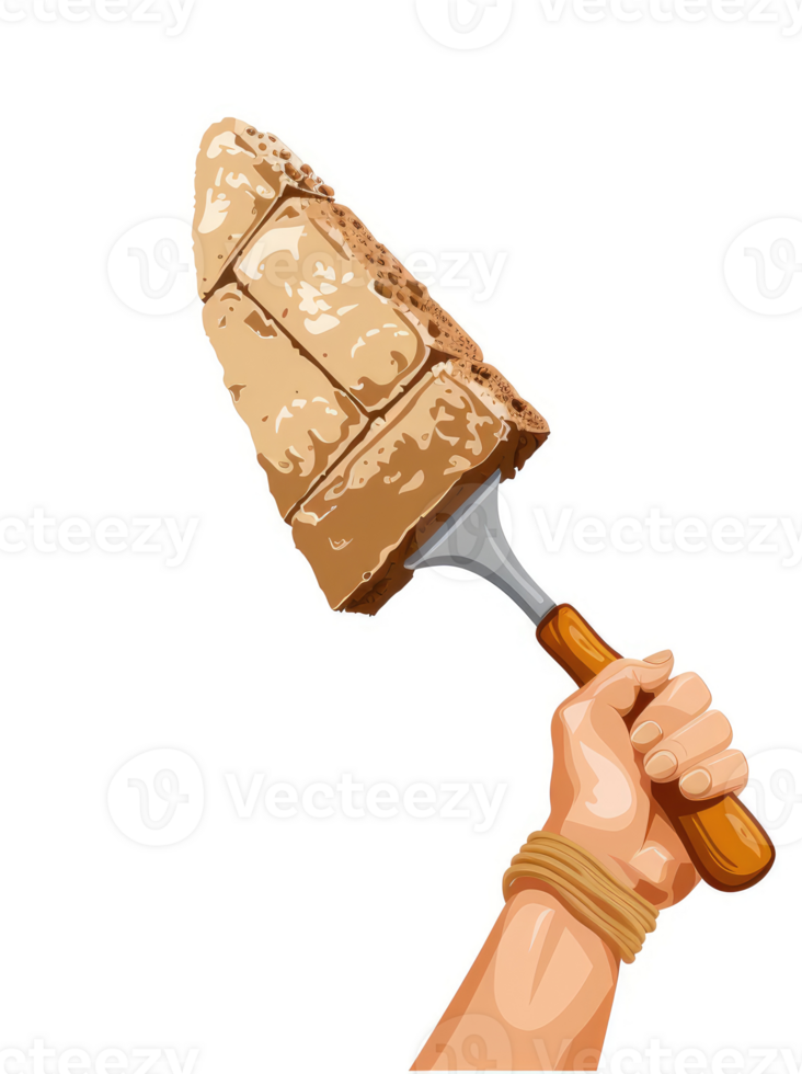 A hand holds a serving spatula with a piece of cake or brownie. png