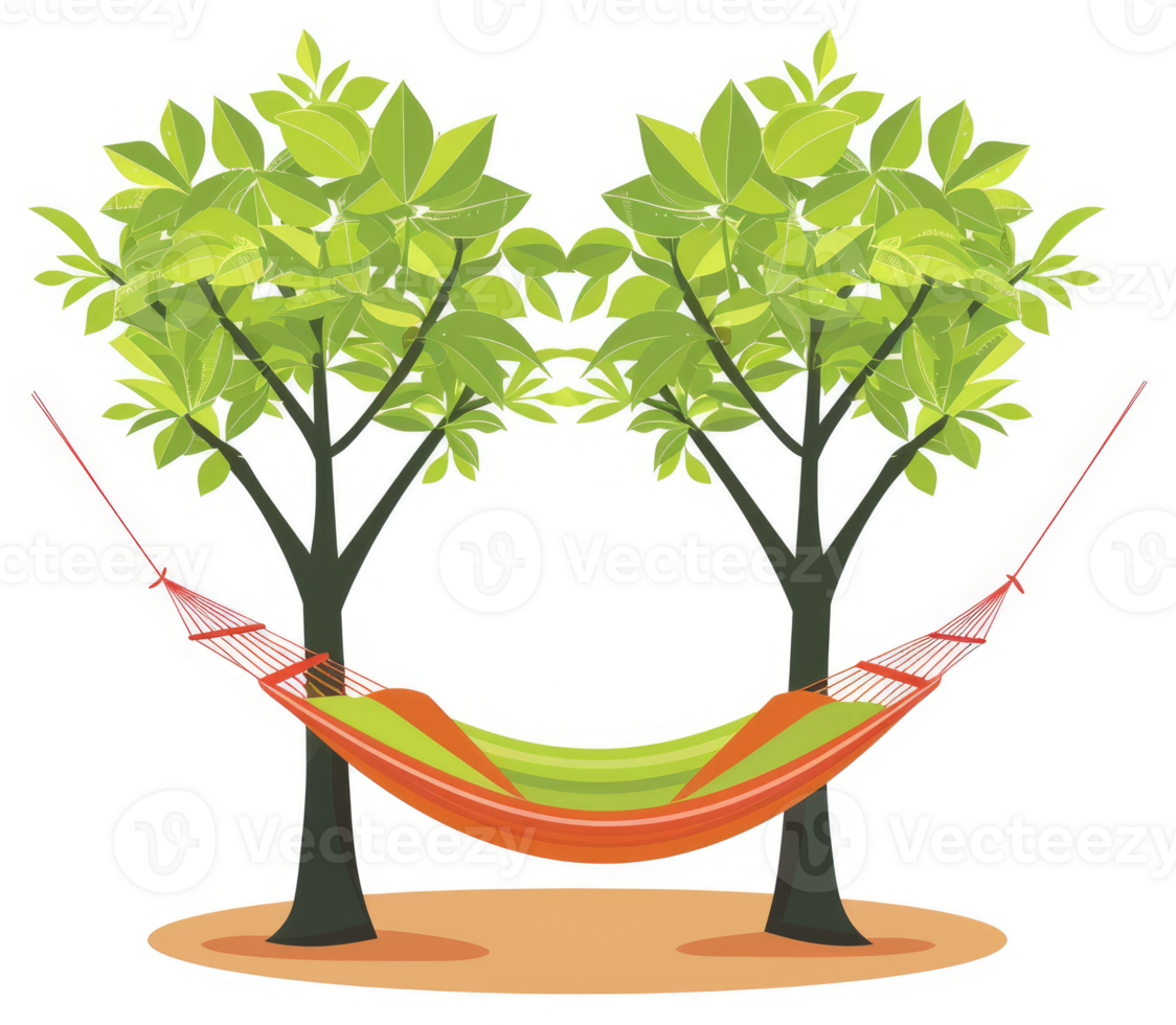 A vibrant hammock, suspended between two lush green trees, invites relaxation. png