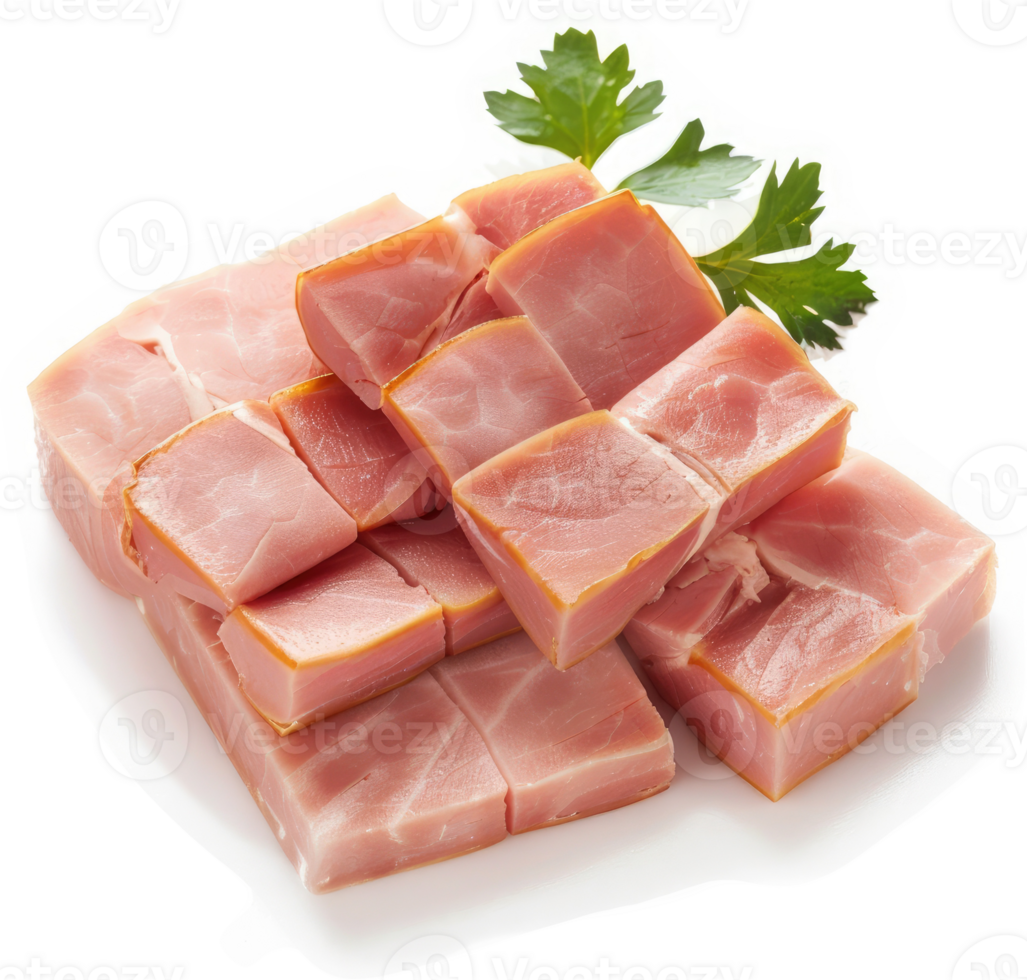 Cubed smoked ham on a white plate. png