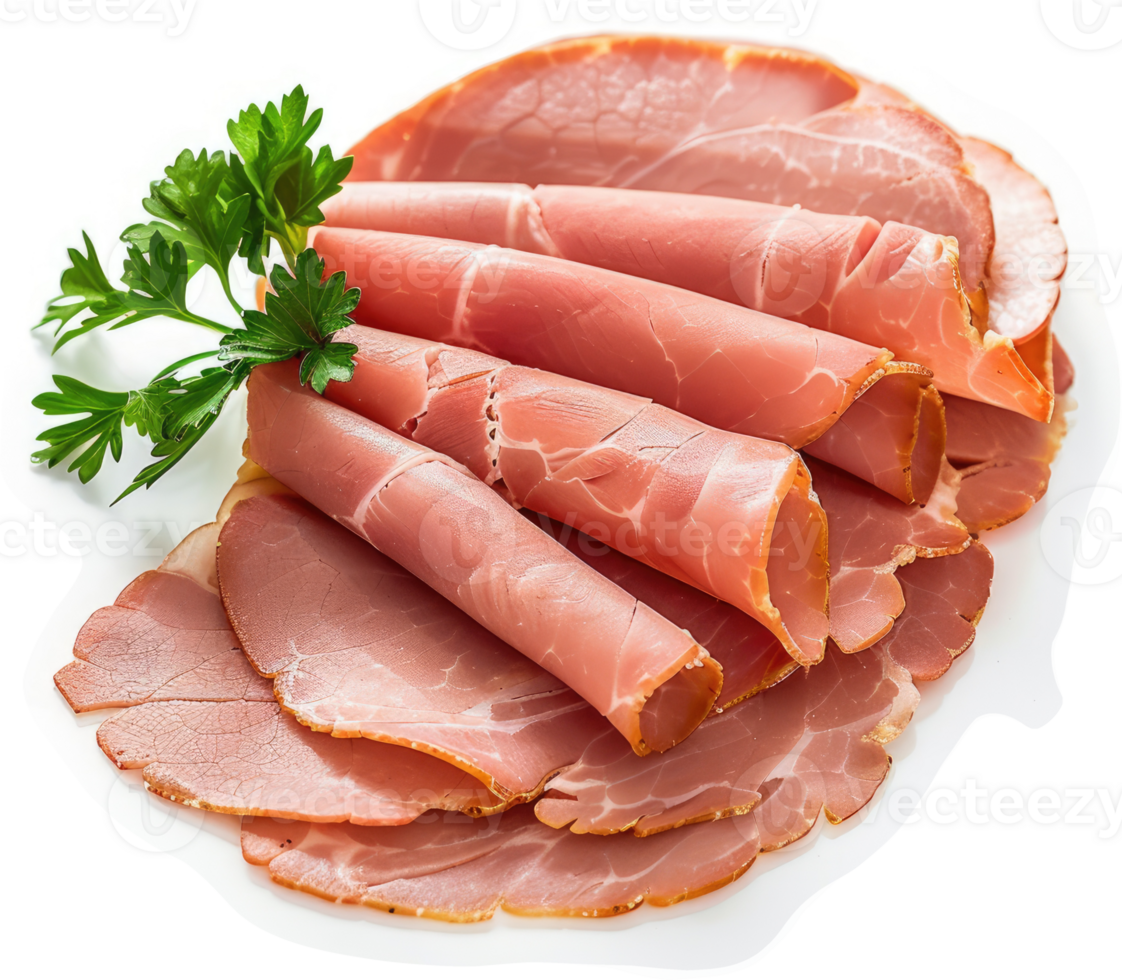 Sliced ham on a white plate garnished with fresh parsley. png