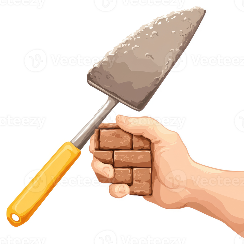 A hand holding a brick with a trowel full of mortar. png