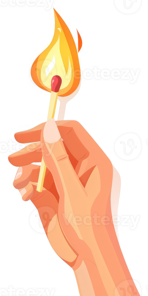 A hand holding a lit match with a bright flame. png