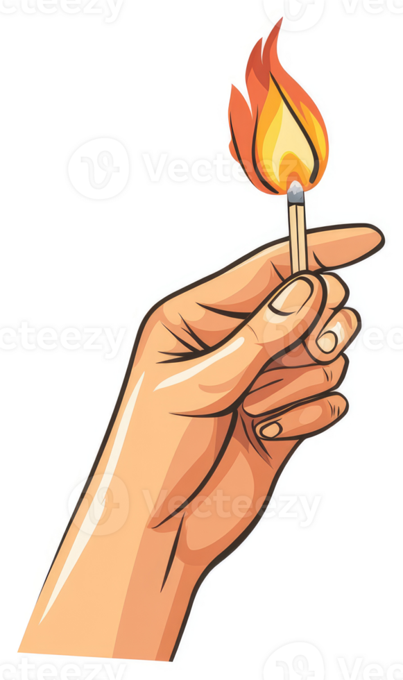A hand holding a lit match. png