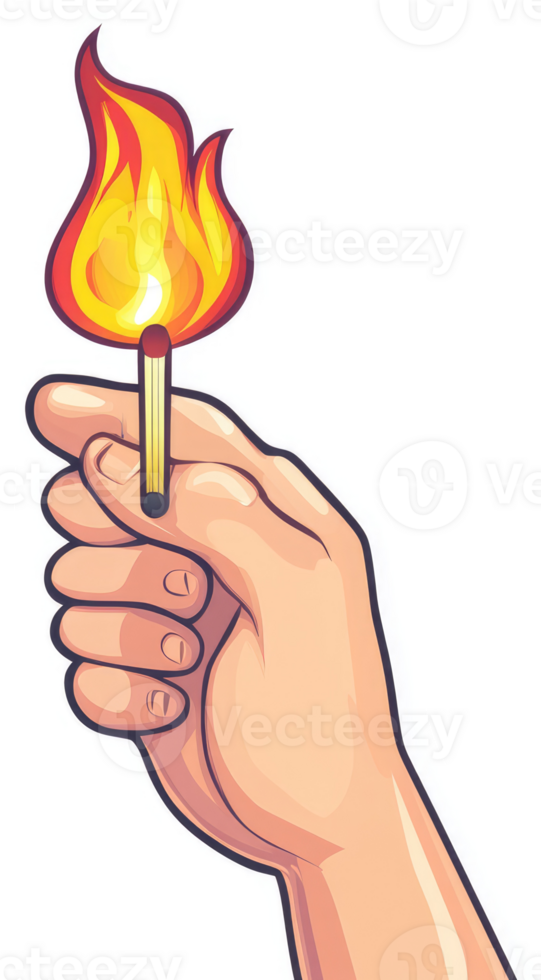 A hand holding a burning match with a bright flame. png