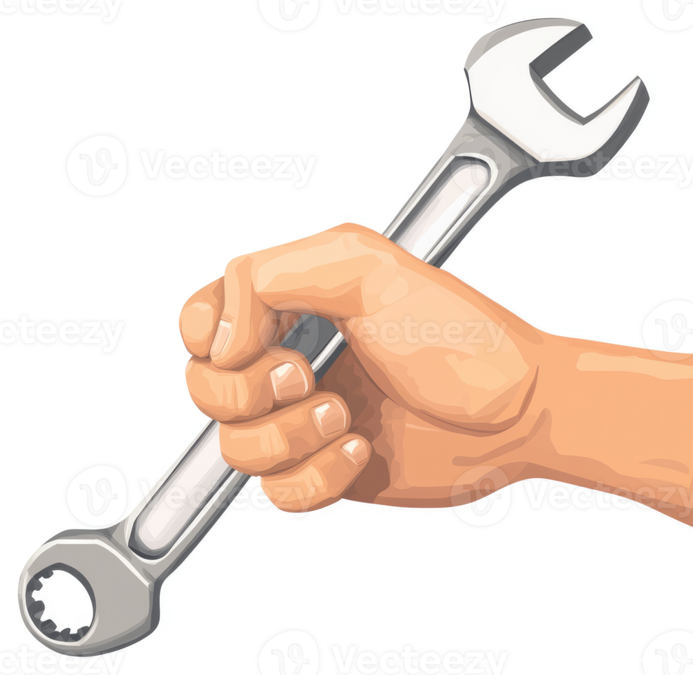 A hand holding a wrench, ready for use. png