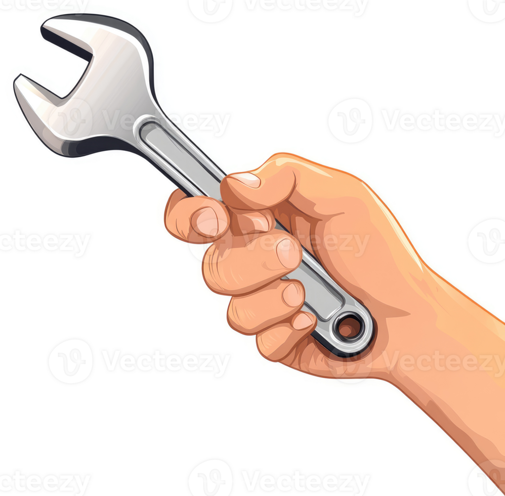 A hand holding a wrench for repair or maintenance. png