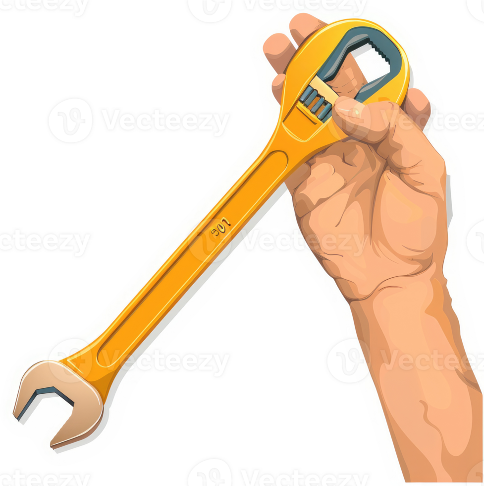 A hand holding a long, adjustable wrench. png