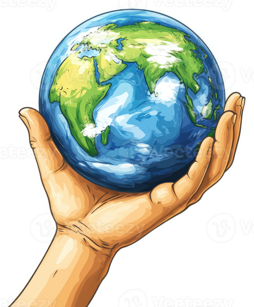A hand holds the earth, symbolizing global stewardship. png