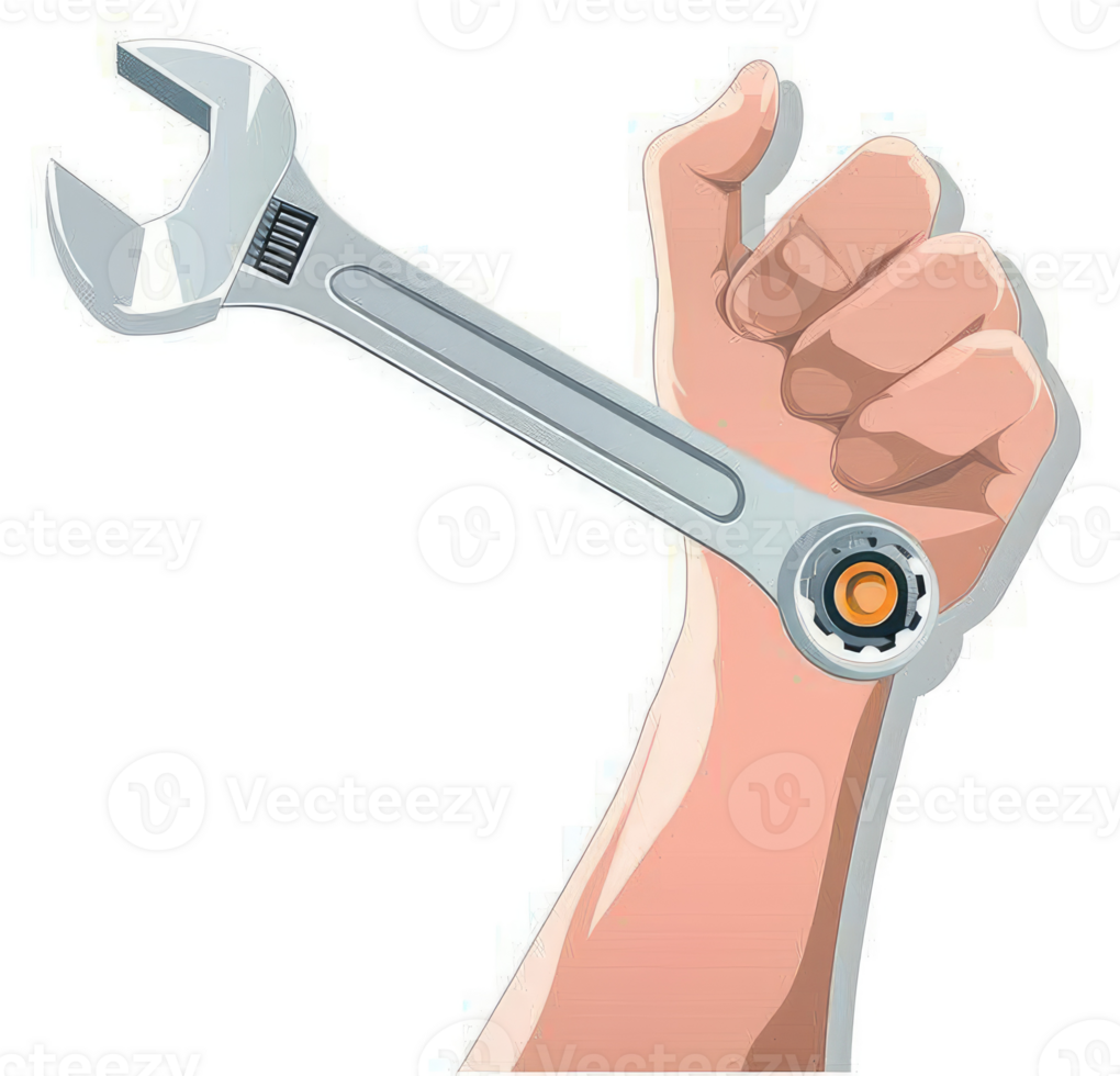 A hand using a wrench to fix a part. png